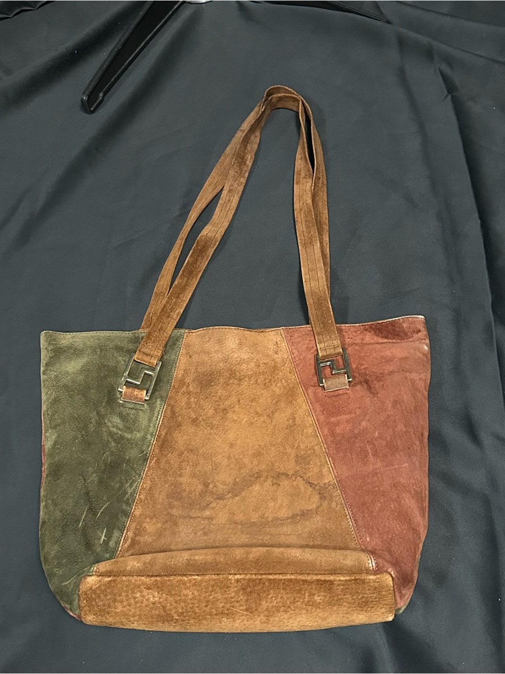 Brown Red and Green Suede Handbag Purse